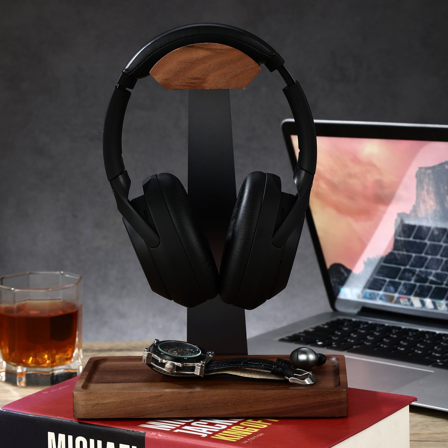 NIRVASH Walnut Headphone Stand for Desk - Gray