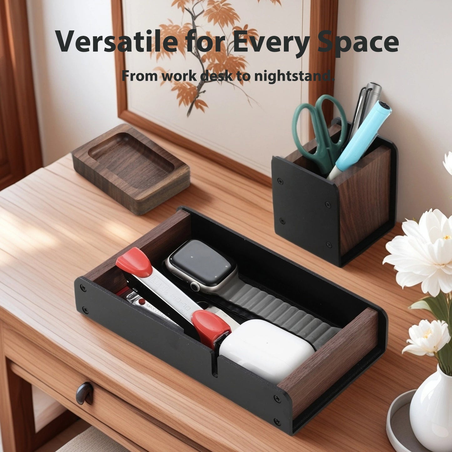 NIRVASH Walnut Desk Tray with Pen Holder Set -Black