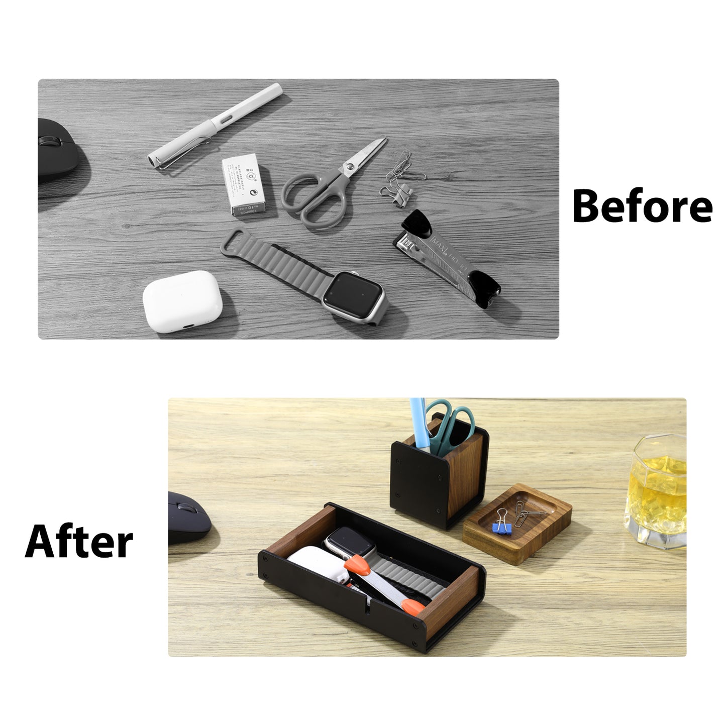 NIRVASH Walnut Desk Tray with Pen Holder Set -Black