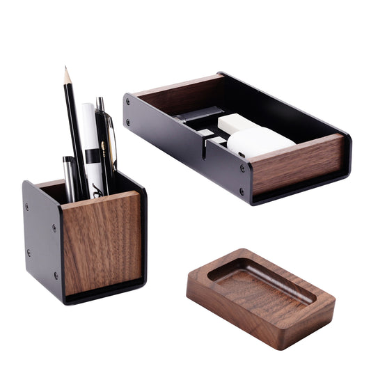 NIRVASH Walnut Desk Tray with Pen Holder Set -Black